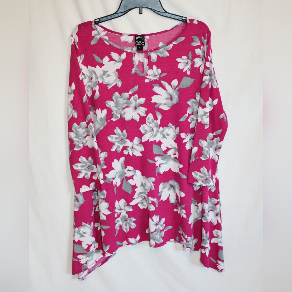 Clara Sun Woo Women's Tunic Top Pink Berry Shirt Floral Boxy Artsy Minimalist XL